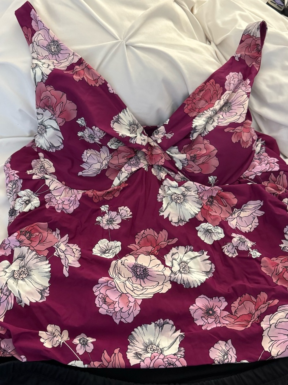Floral Knot-Front Swim Top in Berry Pink